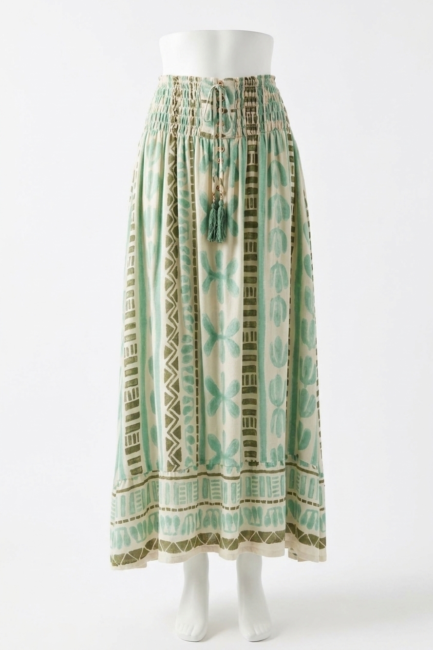 NEW DRESS FORUM smocked hip midi skirt in island time